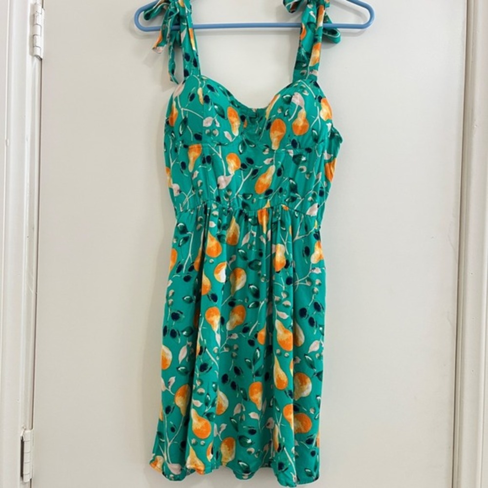 Y2K Green Fruit‎ Print Babydoll Mini Dress Large Milkmaid Corset Smocked Pockets